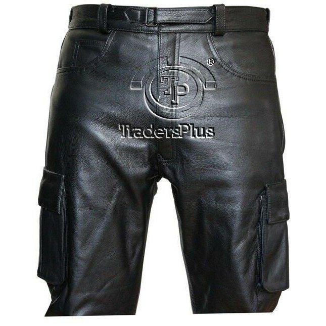 mens 6 pockets jeans style black combat cargo leather trousers pants -