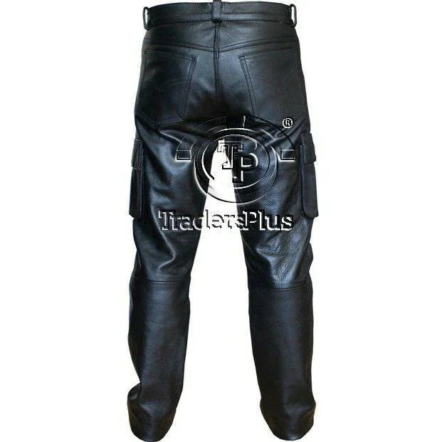 Mens 6 Pockets Jeans Style Black Combat Cargo Leather Trousers Pants -