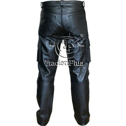 Mens 6 Pockets Jeans Style Black Combat Cargo Leather Trousers Pants -