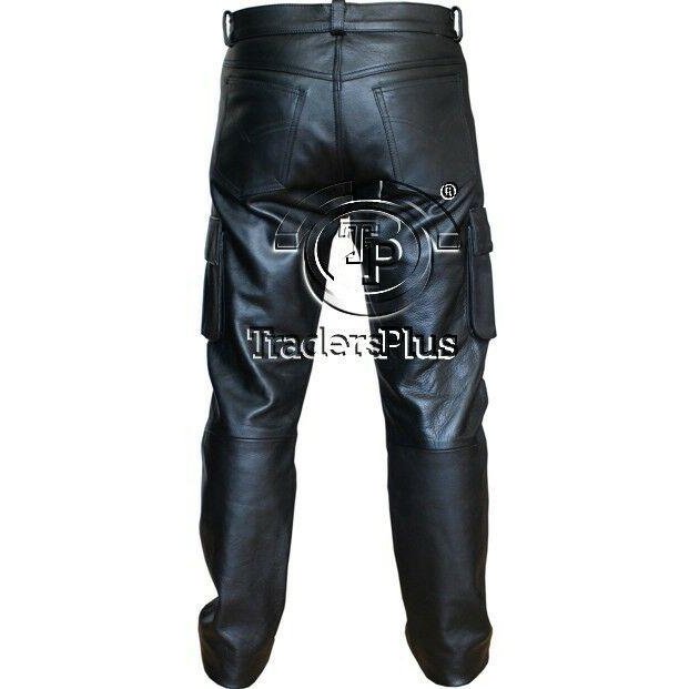 Mens 6 Pockets Jeans Style Black Combat Cargo Leather Trousers Pants -