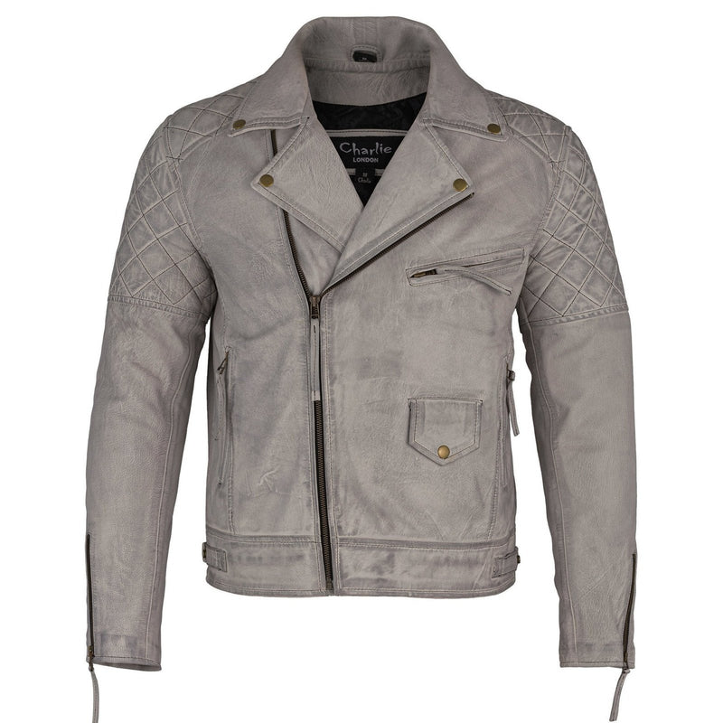 Mens Ashwood Diamond Vintage Grey Biker Style Leather Jacket -