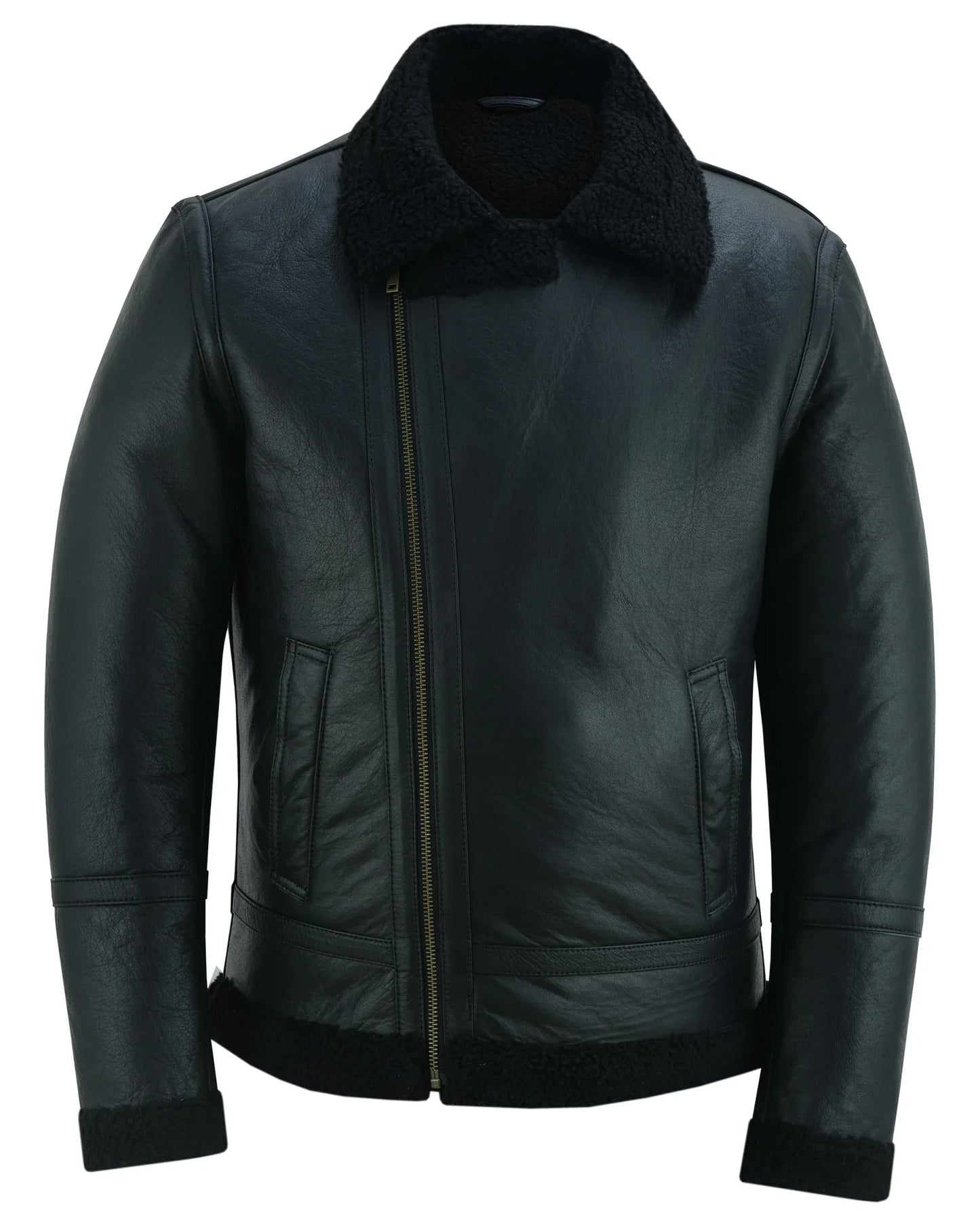 men's aviator style black bomber flying pilot fur jacket -