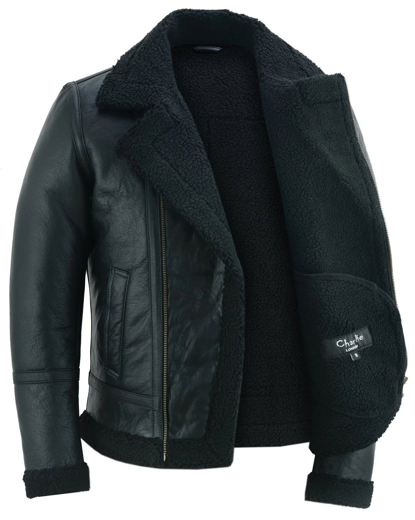 men's aviator style black bomber flying pilot fur jacket -