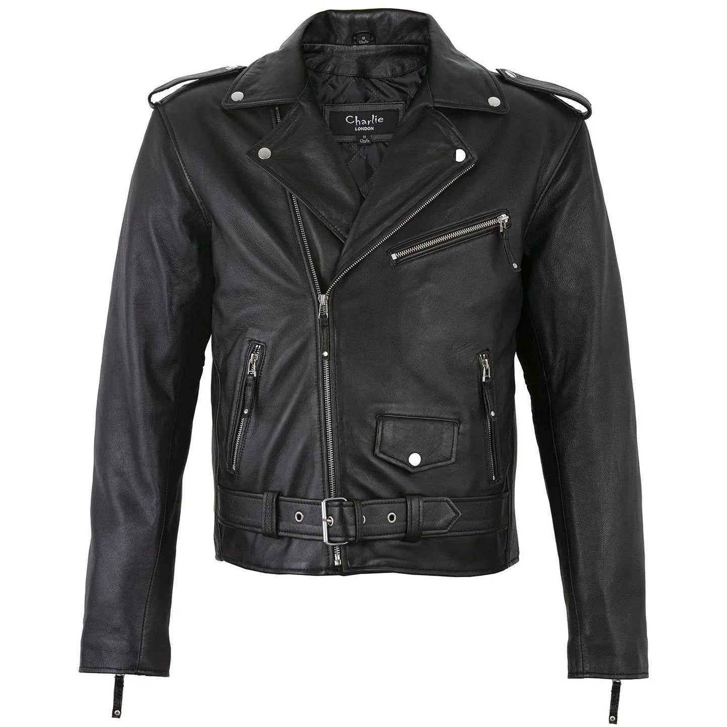 men's belted cross zip brando biker black leather jacket -