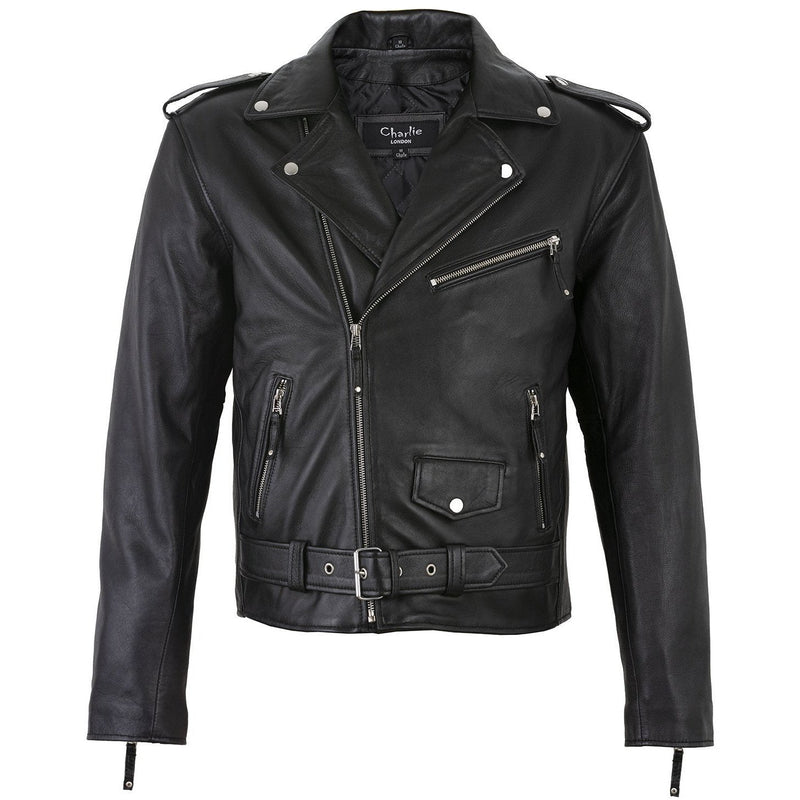Men's Belted Cross Zip Brando Biker Black Leather Jacket -