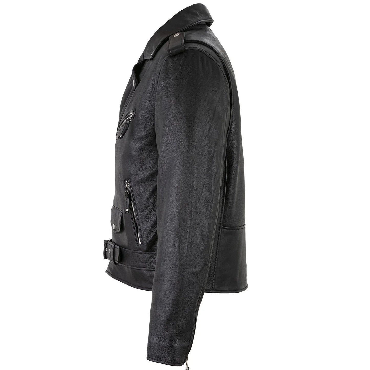 men's belted cross zip brando biker black leather jacket -