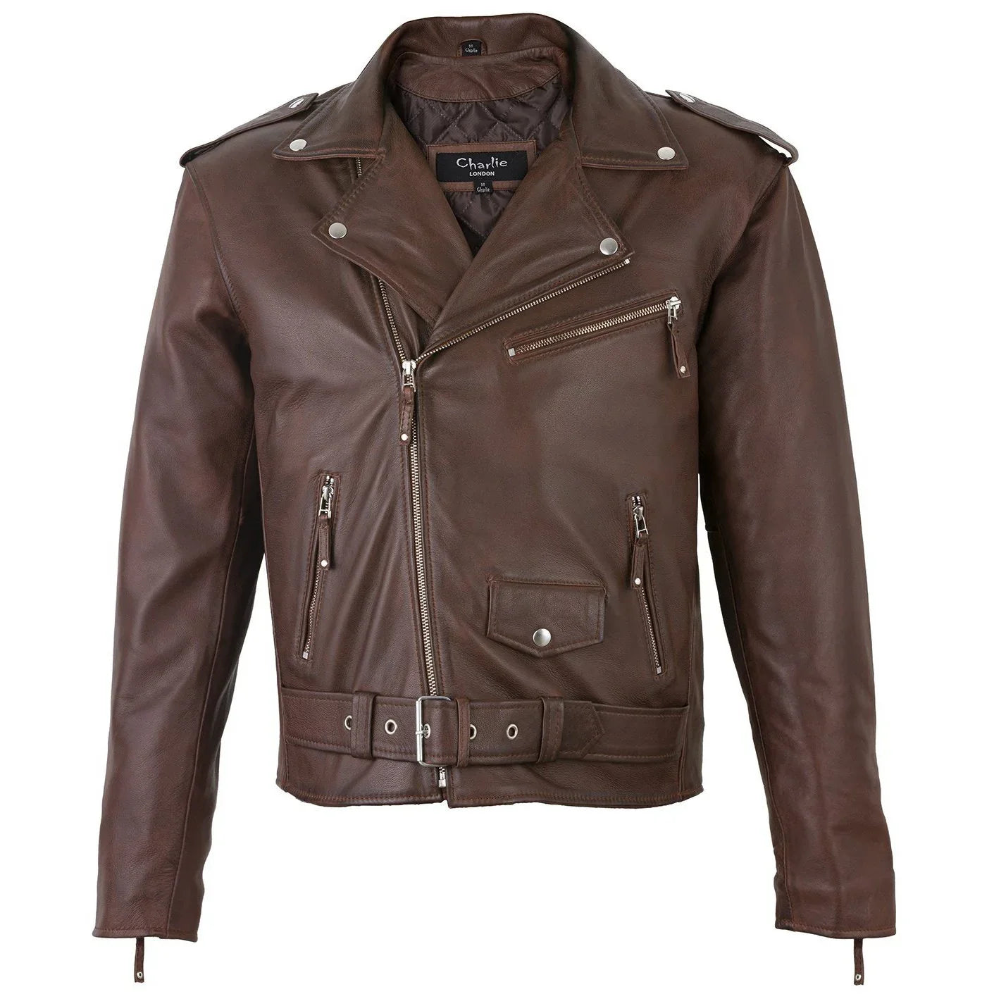 men's belted cross zip brando biker brown leather jacket -