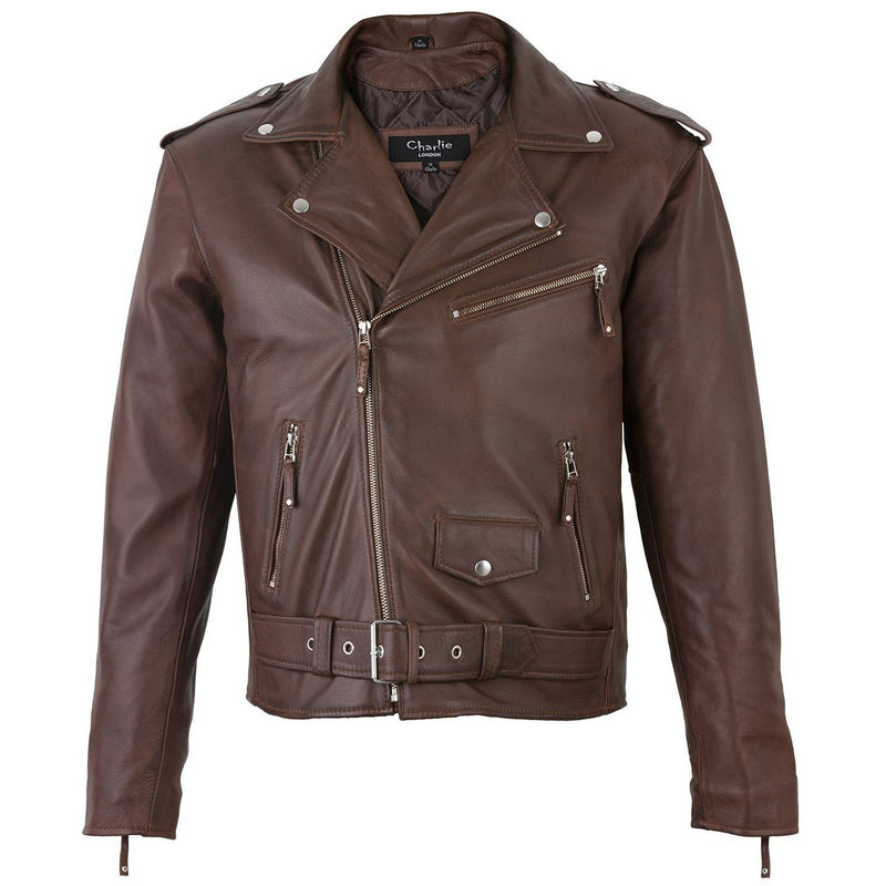 Men's Belted Cross Zip Brando Biker Brown Leather Jacket -