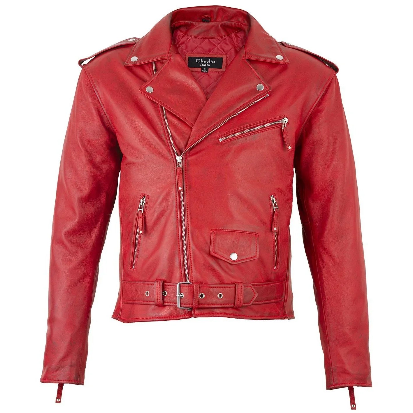 men's belted cross zip brando biker red leather jacket -