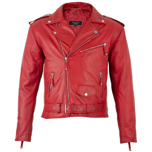 Men's Belted Cross Zip Brando Biker Red Leather Jacket -