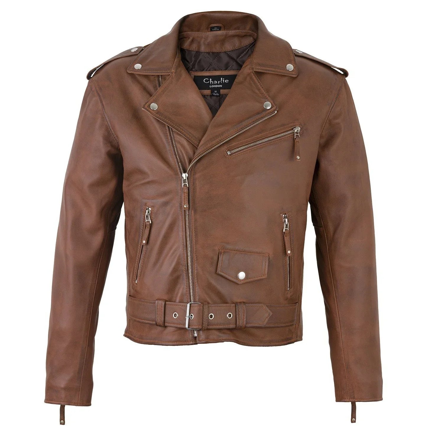 men's belted cross zip brando biker tan leather jacket -
