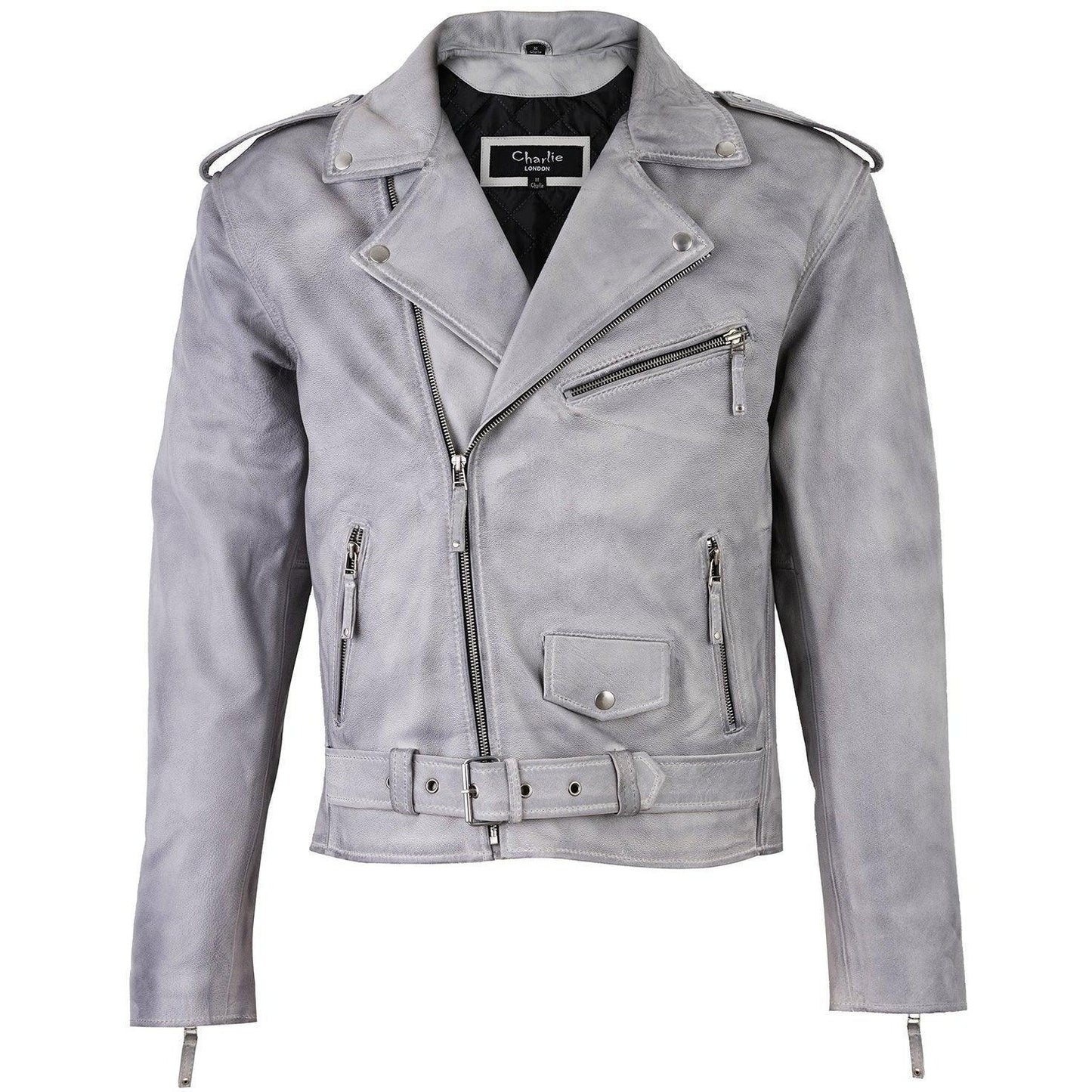 men's belted cross zip brando biker white leather jacket -