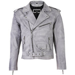 Men's Belted Cross Zip Brando Biker White Leather Jacket -