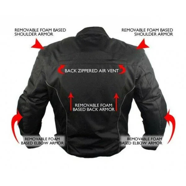 mens black and grey fabric textile armoured motorcycle jacket -