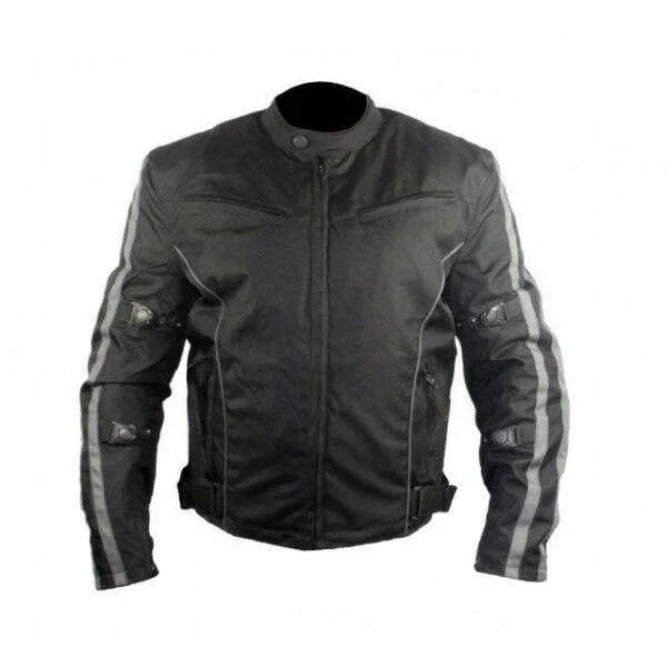 mens black and grey fabric textile armoured motorcycle jacket -