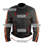 Mens Black and Orange Fabric Textile Armoured Motorcycle Jacket Biker Double Lin -