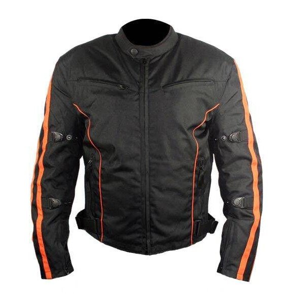 Mens Black and Orange Fabric Textile Armoured Motorcycle Jacket Biker Double Lin -