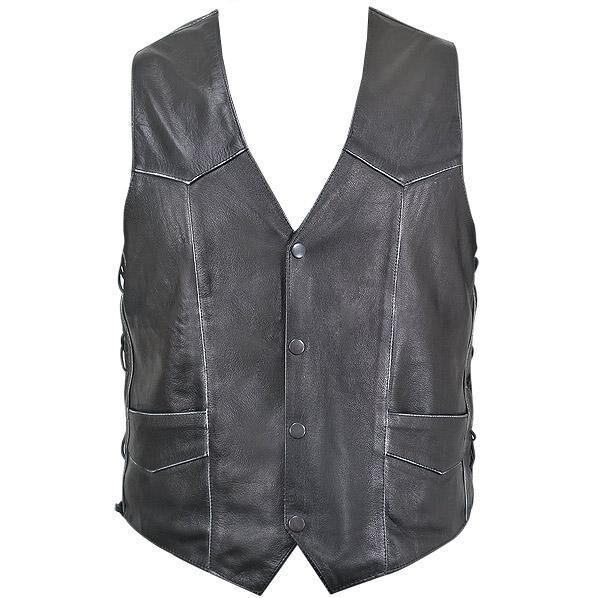 mens black distressed leather biker vest waistcoat with embossed flying skull -