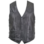 Mens Black Distressed Leather Biker Vest Waistcoat with Embossed Flying Skull -