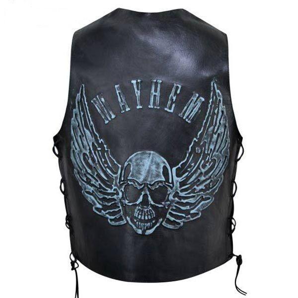 mens black distressed leather biker vest waistcoat with embossed flying skull -