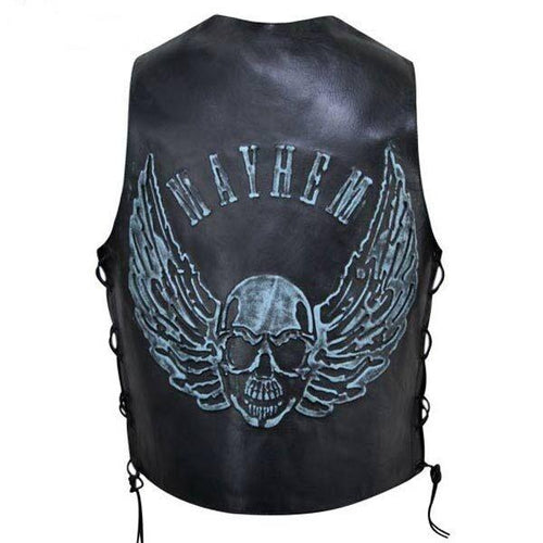 Mens Black Distressed Leather Biker Vest Waistcoat with Embossed Flying Skull -