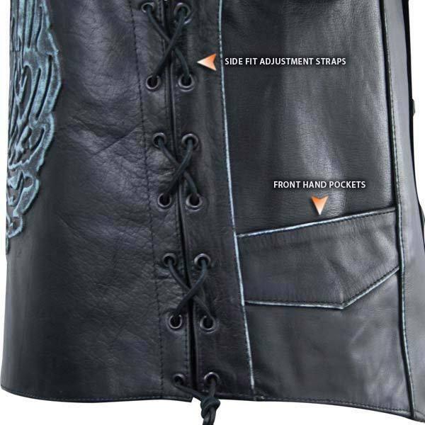 mens black distressed leather biker vest waistcoat with embossed flying skull -