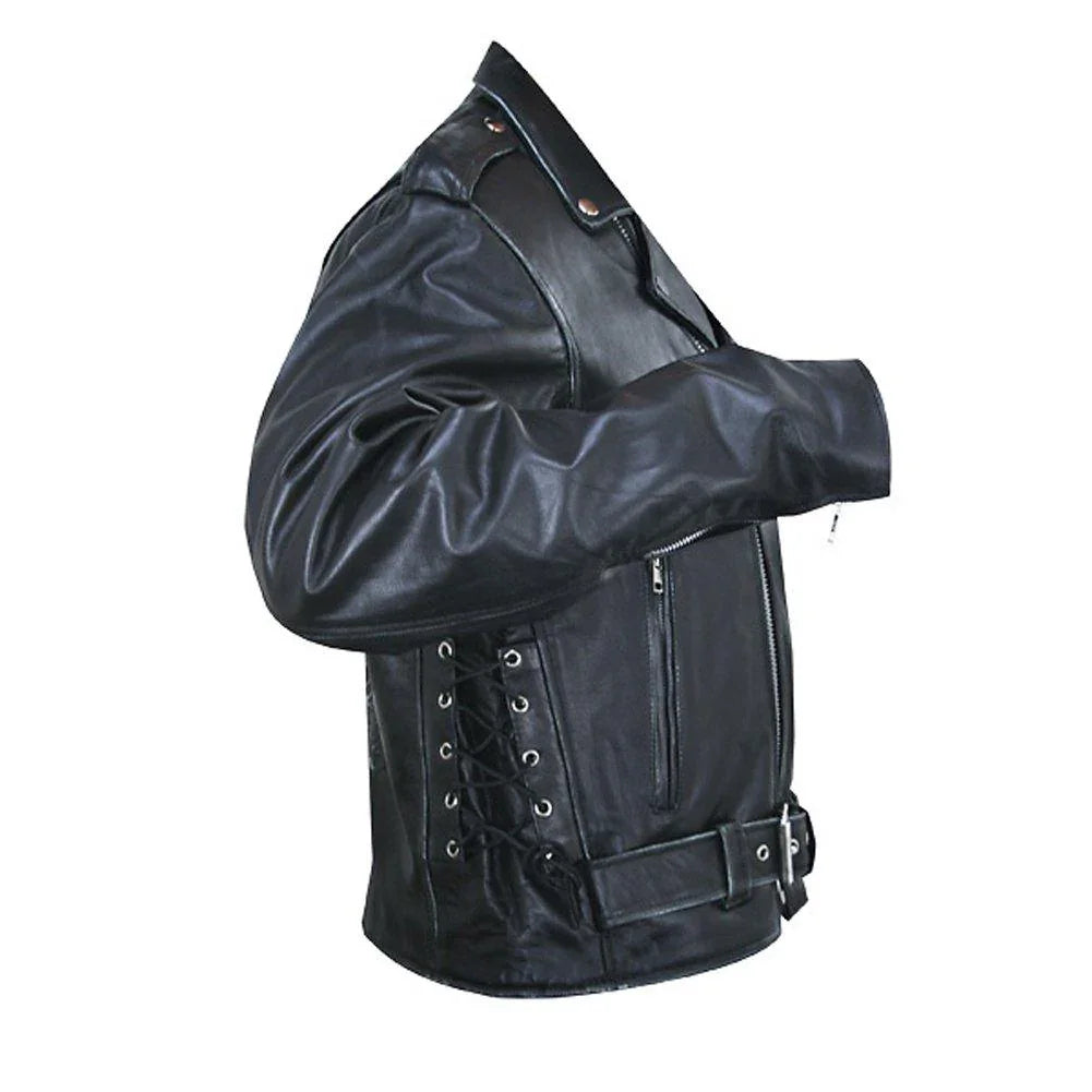 men's black embossed flying skull distressed leather jacket -