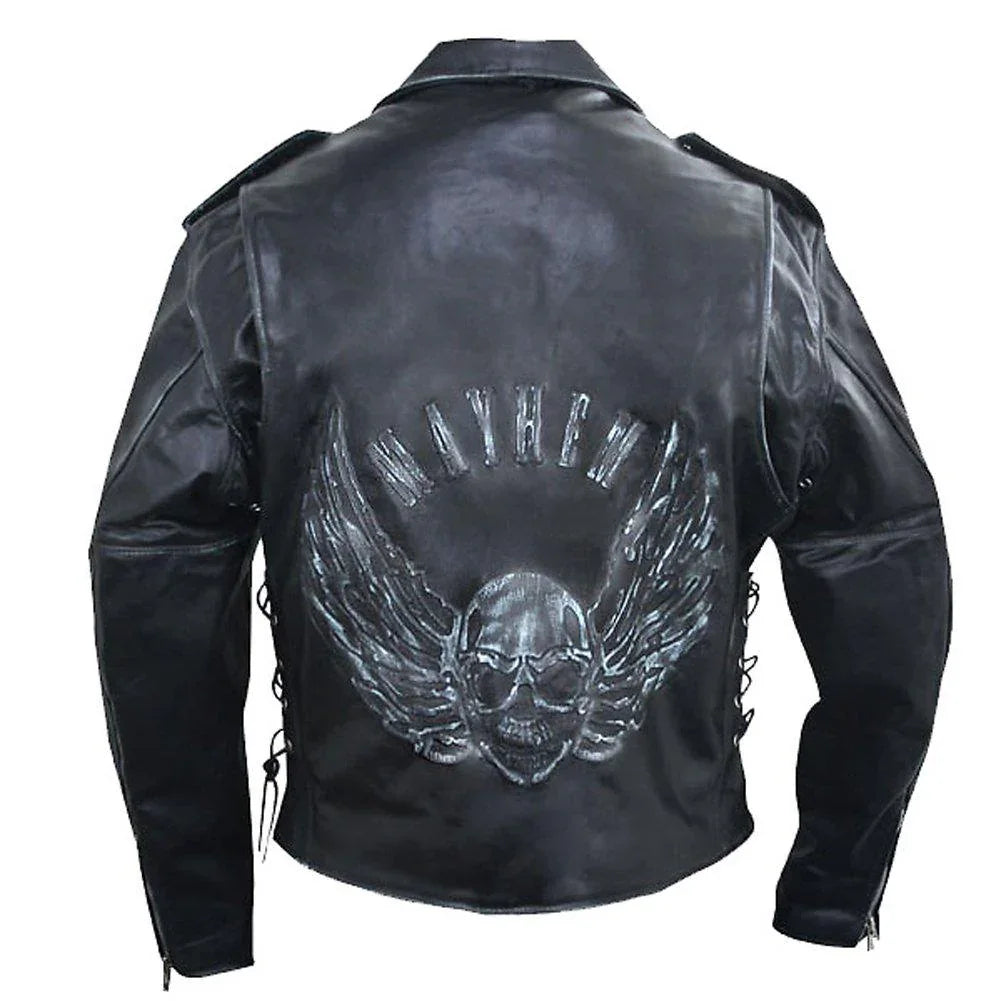 men's black embossed flying skull distressed leather jacket -
