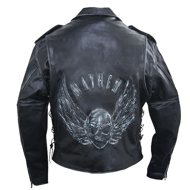 Men's Black Embossed Flying Skull Distressed Leather Jacket -