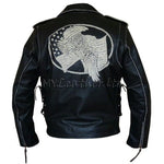 Men's Black Leather USA Eagle Embossed Motorcycle Jacket -