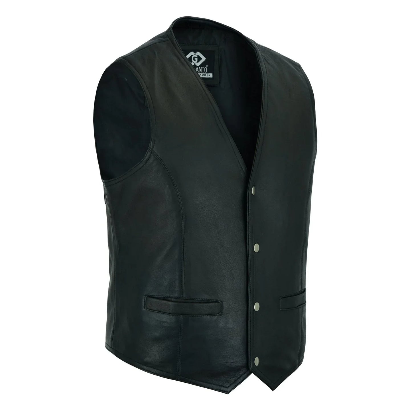 mens black leather waistcoat vest with snap button -