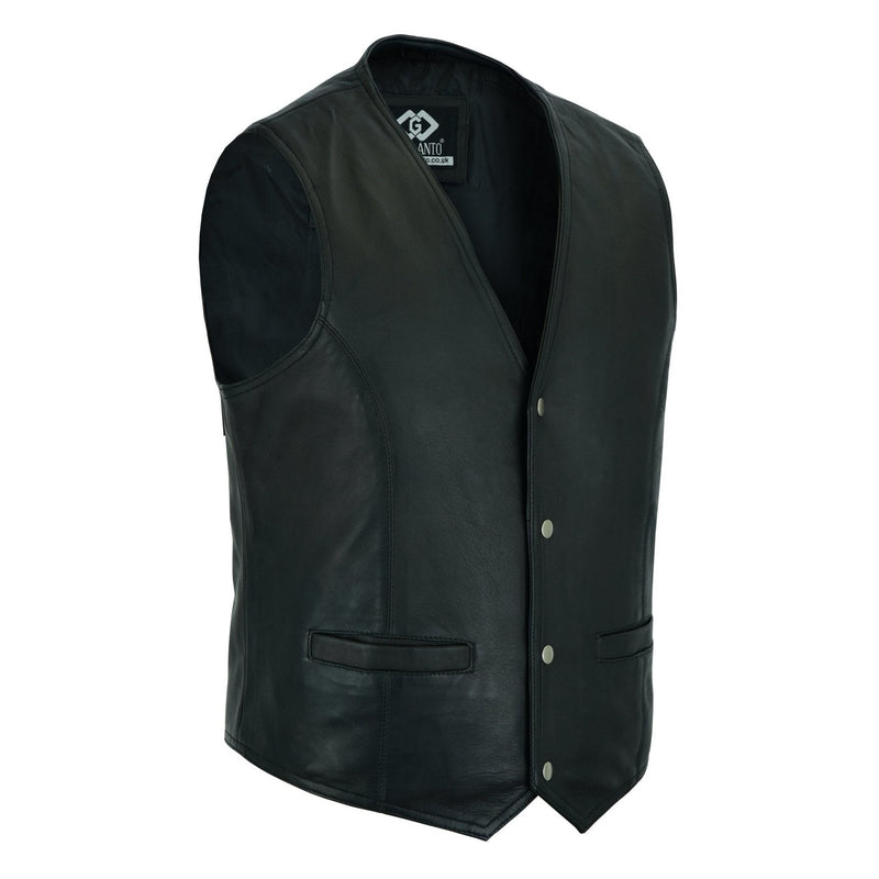 Mens Black Leather Waistcoat Vest with Snap Button -