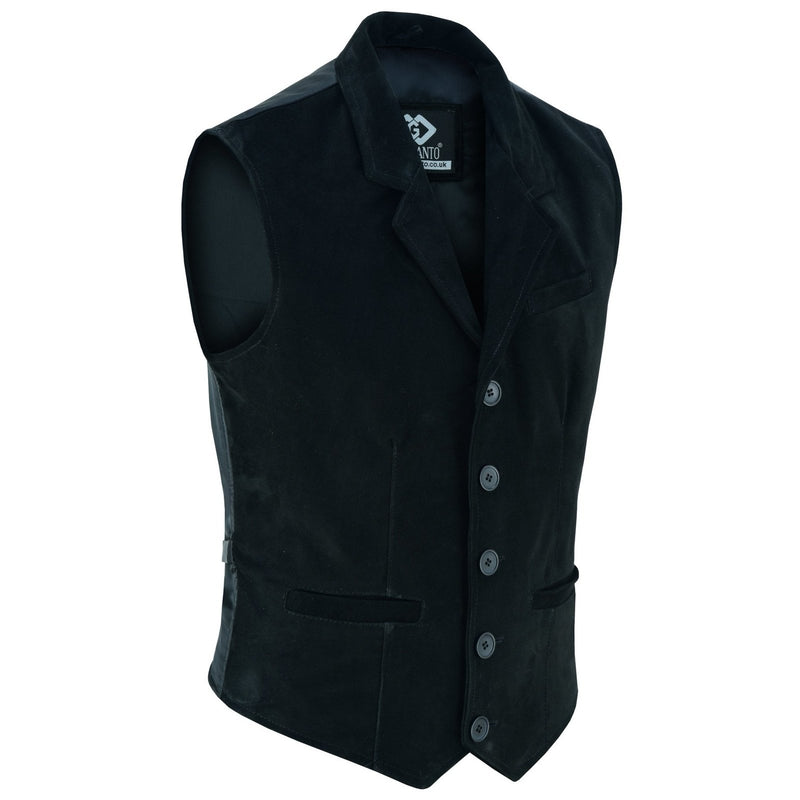 Mens Blazer Style Formal Black Suede Leather Waistcoat Vest -