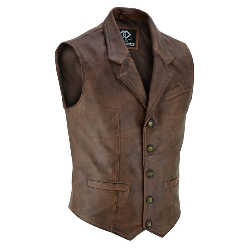 Mens Blazer Style Formal Brown Leather Waistcoat Vest -