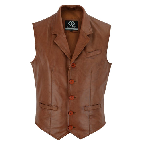 Mens Blazer Style Formal Tan Leather Waistcoat Vest -