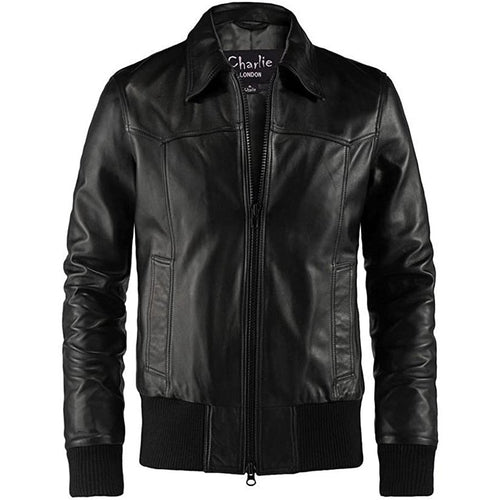 Men's Bomber Black Leather Jacket - Clearance Sale -
