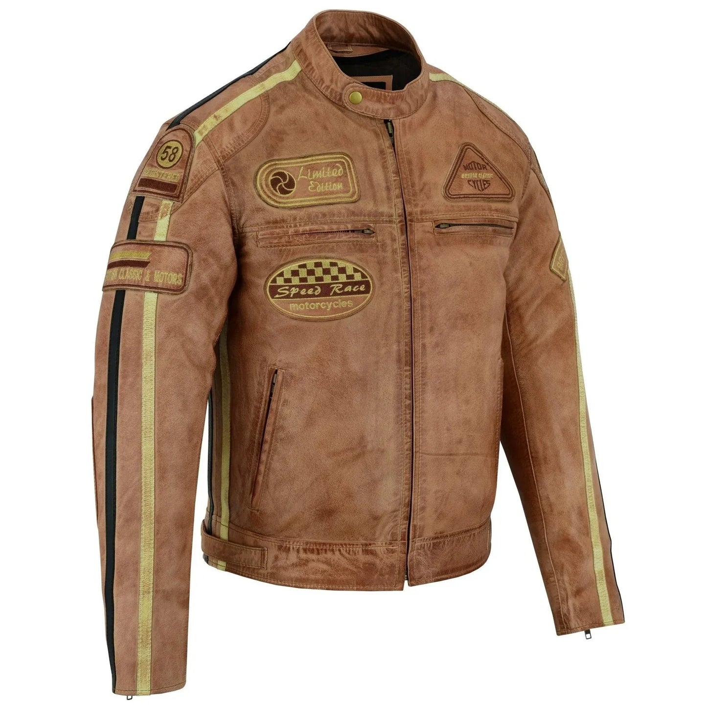 mens british motorcycle black wax leather badges jacket biker tan green striped -