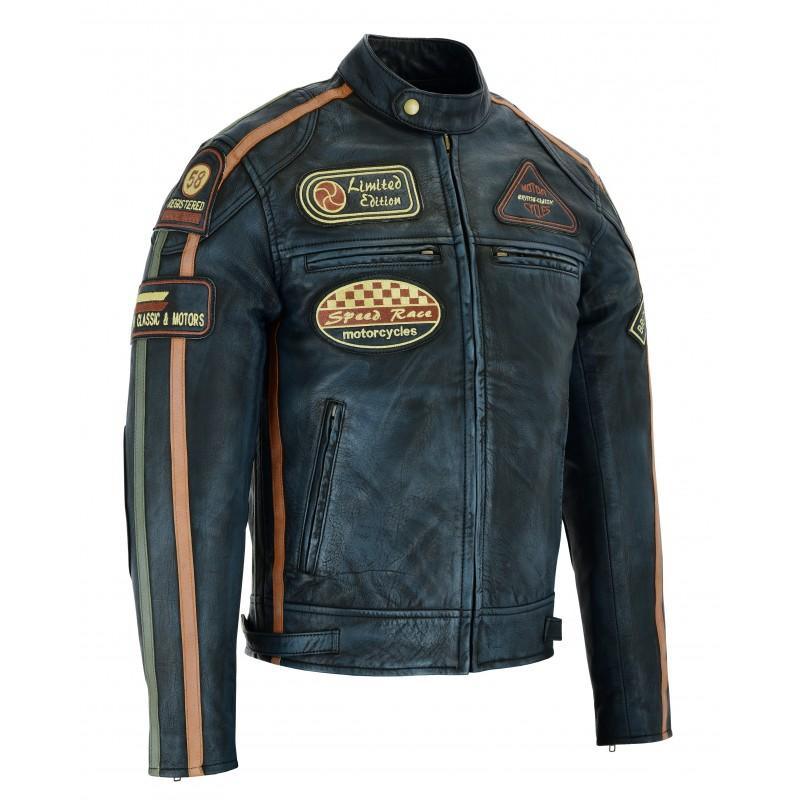 mens british motorcycle black wax leather badges jacket biker tan green striped -