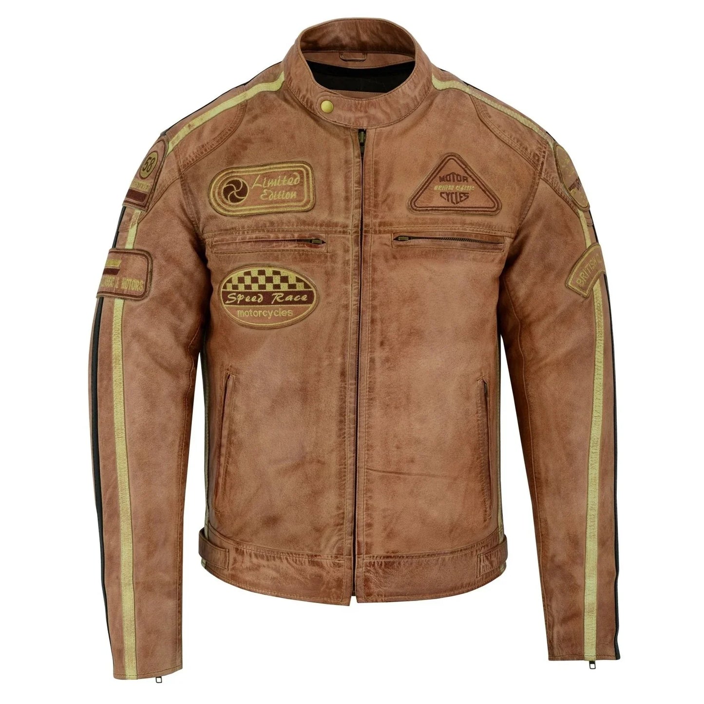 mens british motorcycle black wax leather badges jacket biker tan green striped -