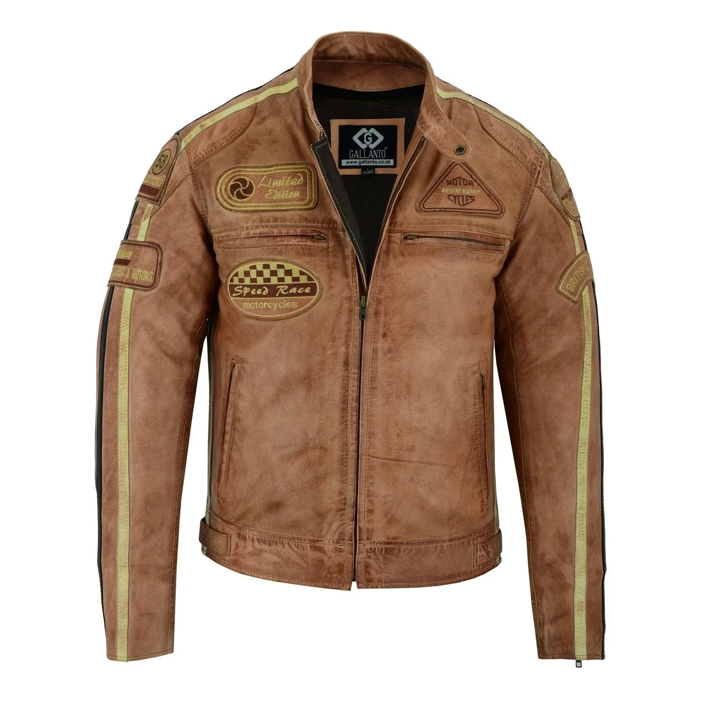 mens british motorcycle black wax leather badges jacket biker tan green striped -