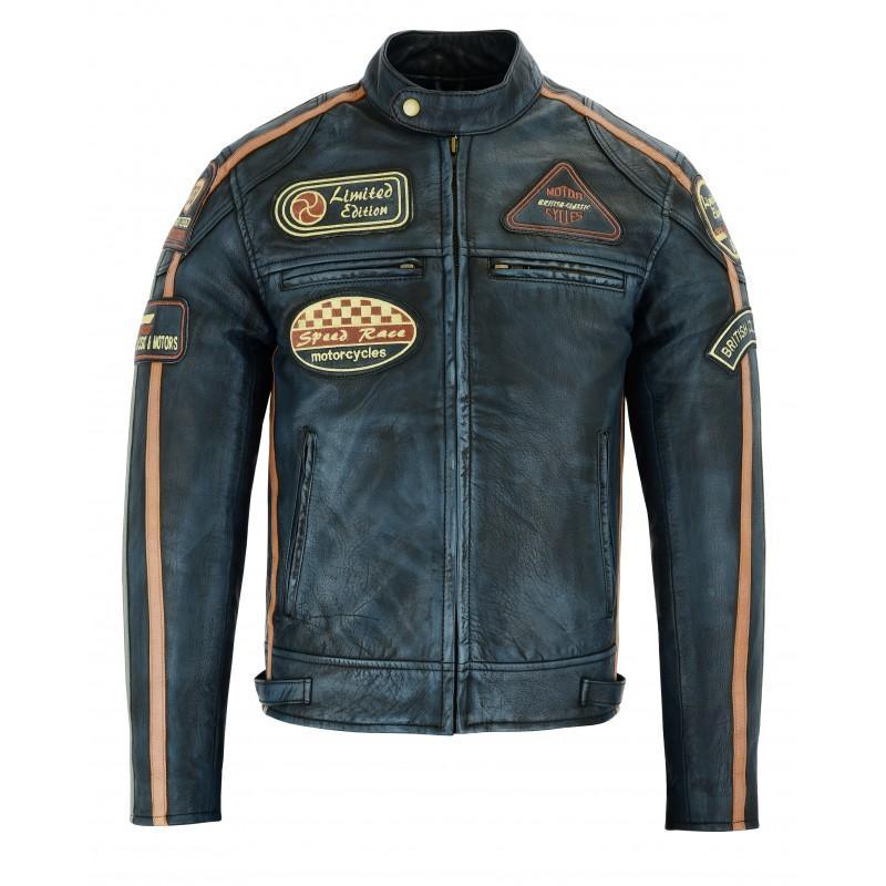 mens british motorcycle black wax leather badges jacket biker tan green striped -