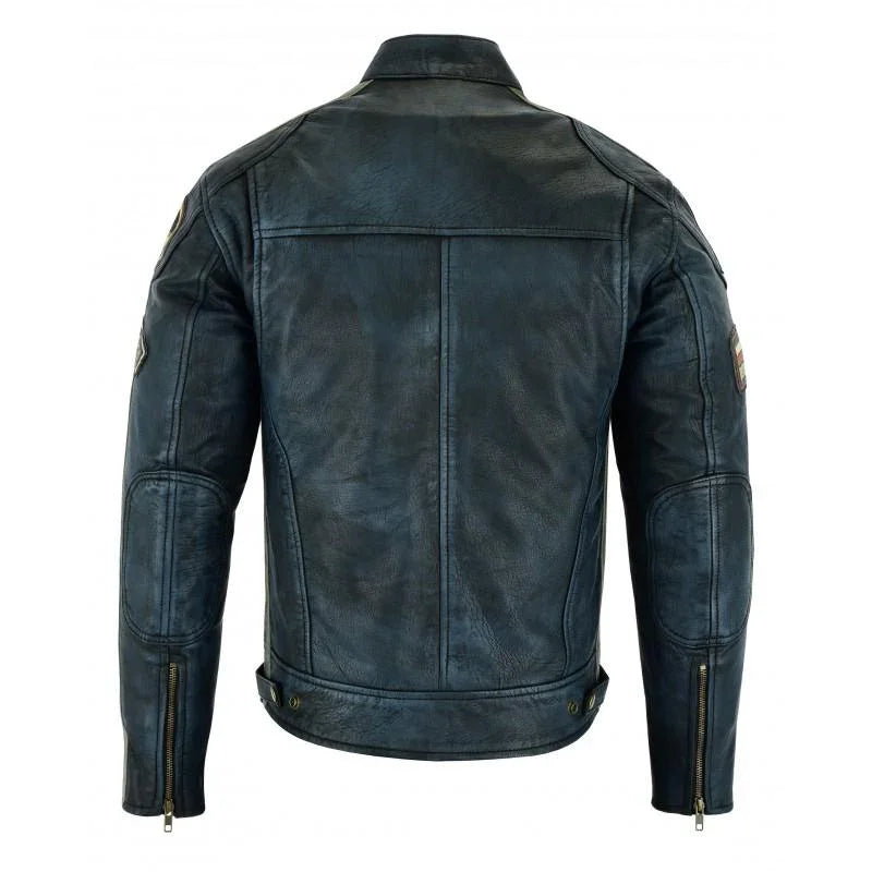 mens british motorcycle black wax leather badges jacket biker tan green striped -