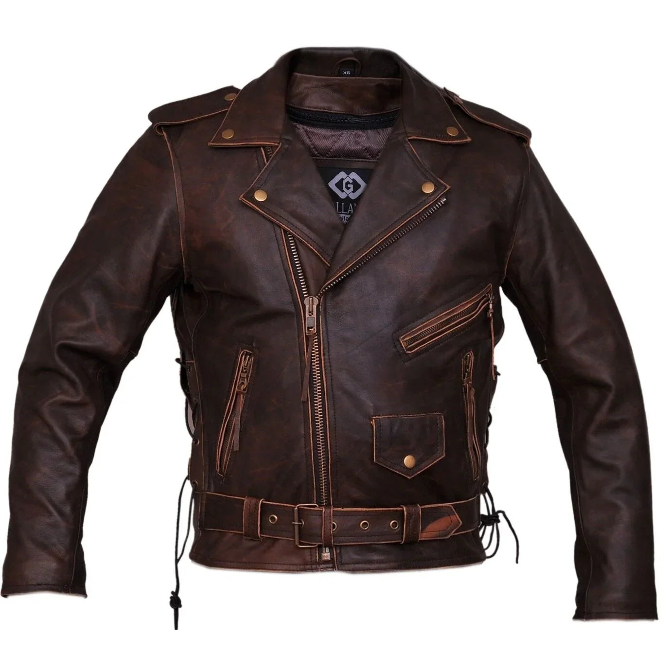 mens brown distressed leather marlon brando biker motorcycle armoured jacket ykk -