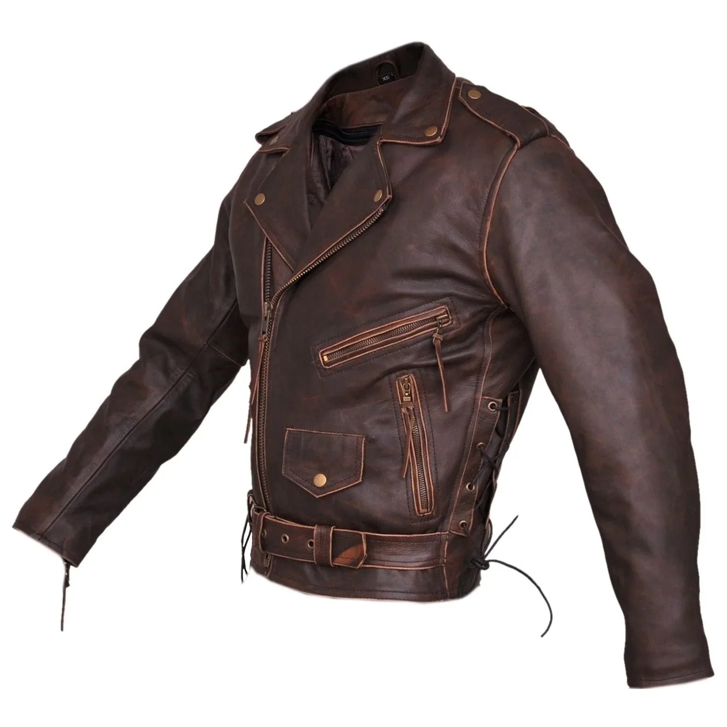mens brown distressed leather marlon brando biker motorcycle armoured jacket ykk -