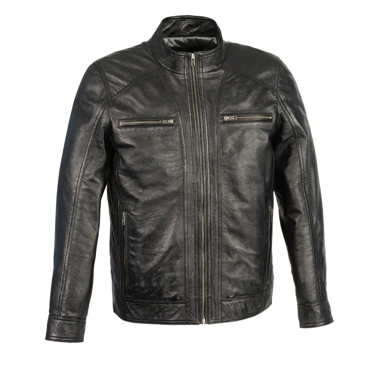 mens brown leather jacket with front zipper closure -