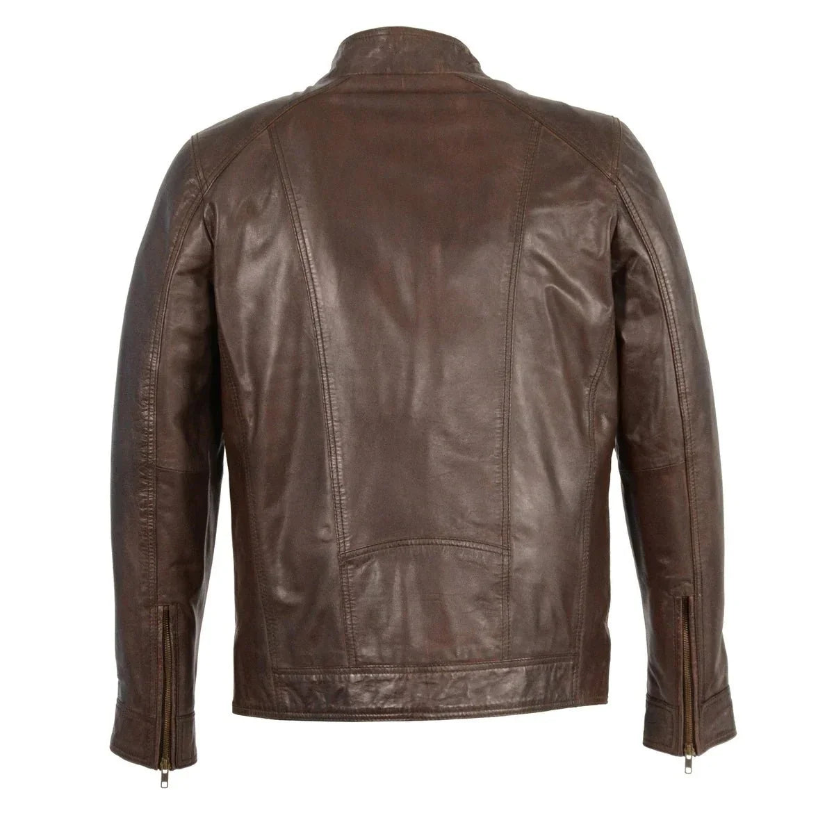 mens brown leather jacket with front zipper closure -