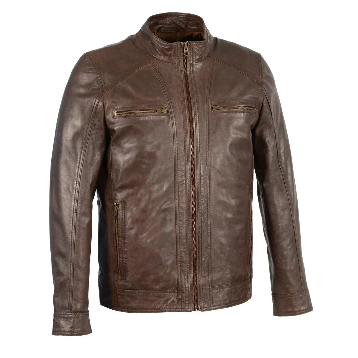 mens brown leather jacket with front zipper closure -