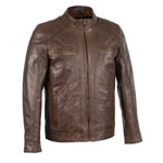 Mens Brown Leather Jacket with Front Zipper Closure -