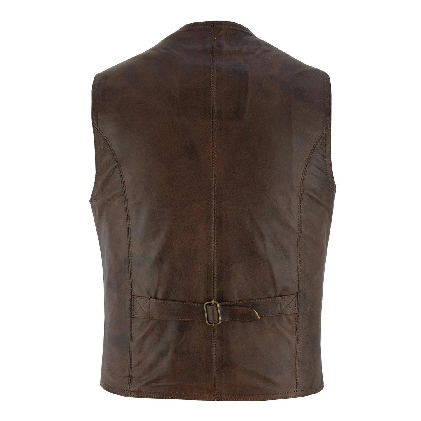 mens brown leather waistcoat vest with snap button -