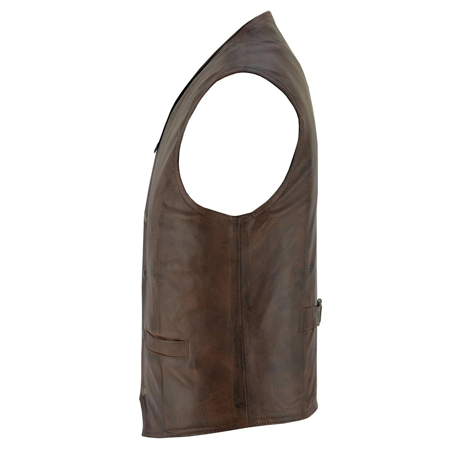 mens brown leather waistcoat vest with snap button -